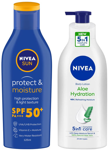 NIVEA Body Lotion, Aloe Hydration, with Aloe Vera for Instant Hydration in Summer, 600 ml & NIVEA Sun Lotion, SPF 50, with UVA & UVB Protection, Water Resistant Sunscreen for Men & Women, 125 ml